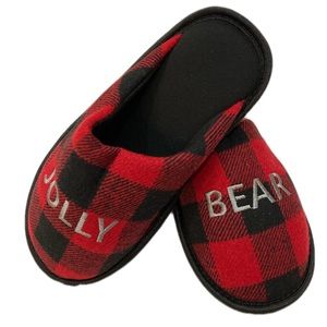 Christmas Slippers Jolly Bear Red Plaid Slip Ons Various Sizes Memory Foam Sole